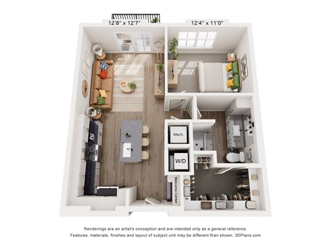 A 3D floor plan of a small apartment with a kitchen, living room, and bathroom.
